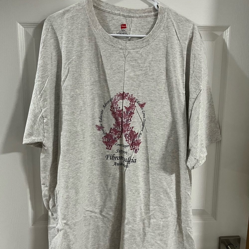 Hanes Fibromyalgia Support Heather Gray Tee with Pink Ribbon Design